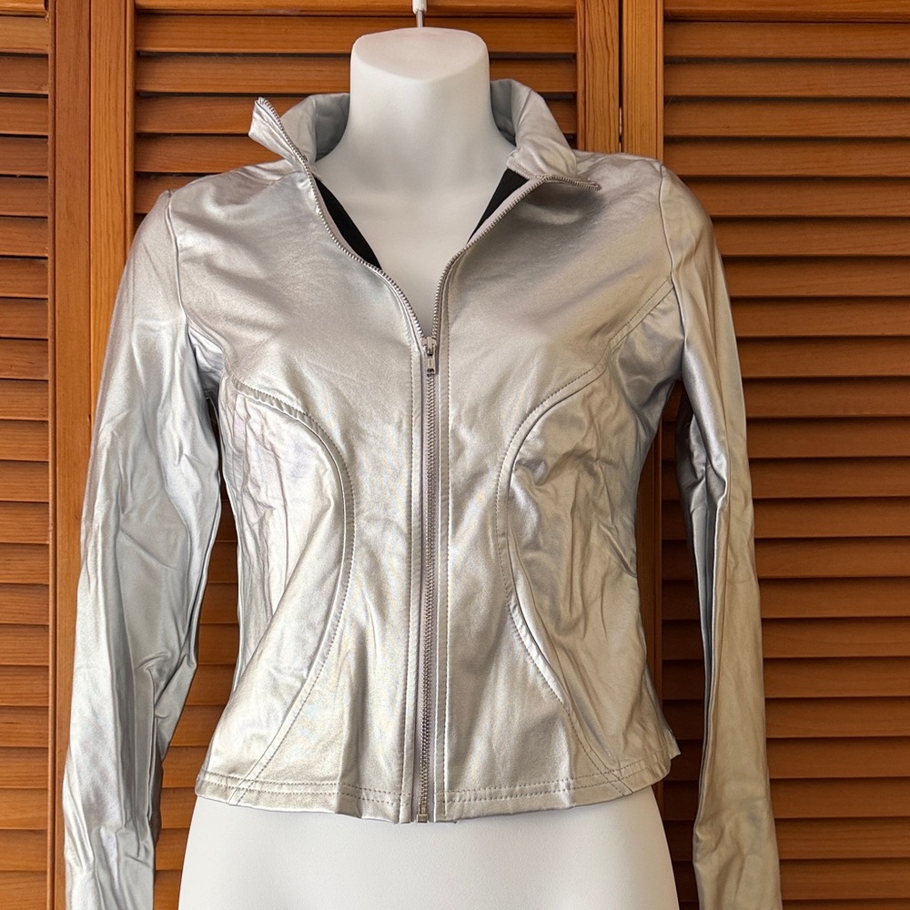 Metallic Silver Women's Faux Leather Fabric Jacket